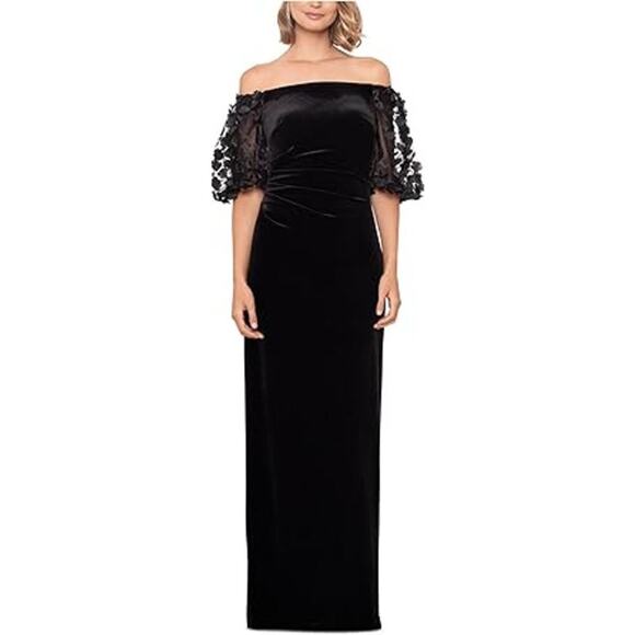 Xscape Off the Shoulder Long Ruffle Dress 3/4 Sleeve Velvet Black Size 14 NWT - Picture 1 of 9